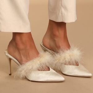 Lulu's Fazal Ivory Satin Feather Pointed-Toe Mules Size 9